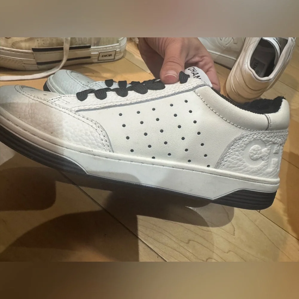 CHANEL White and Black Leather Sneakers